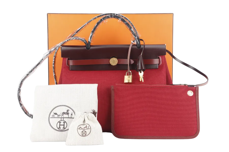 HERMES HERBAG 31 STAMP B (YEAR 2023) ROUGE CANVAS GOLD HARDWARE WITH DUST COVER AND BOX