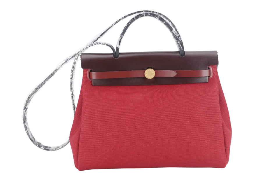 HERMES HERBAG 31 STAMP B (YEAR 2023) ROUGE CANVAS GOLD HARDWARE WITH DUST COVER AND BOX