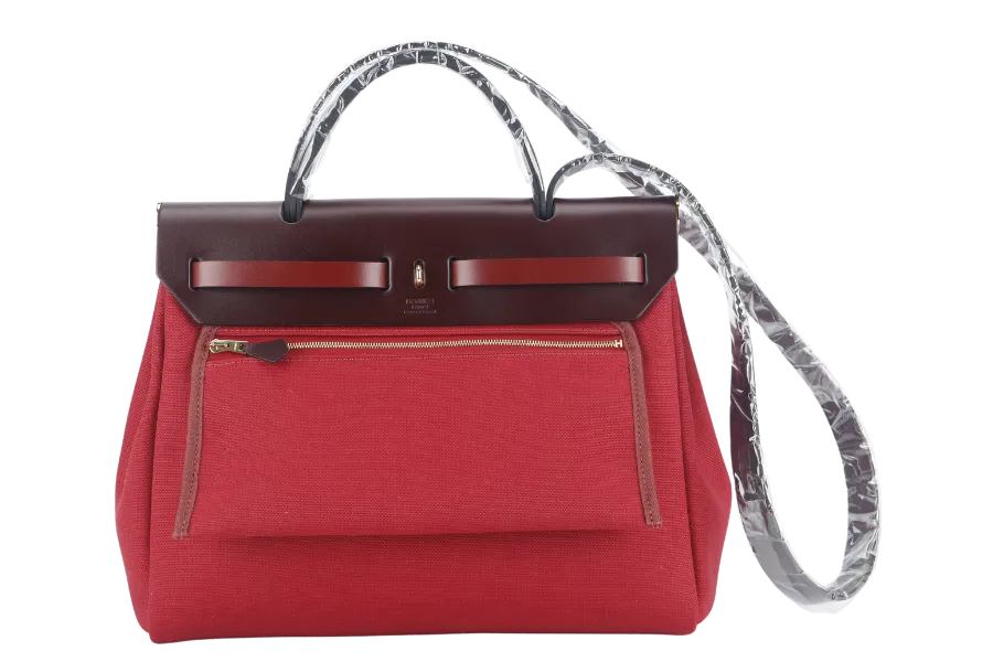HERMES HERBAG 31 STAMP B (YEAR 2023) ROUGE CANVAS GOLD HARDWARE WITH DUST COVER AND BOX