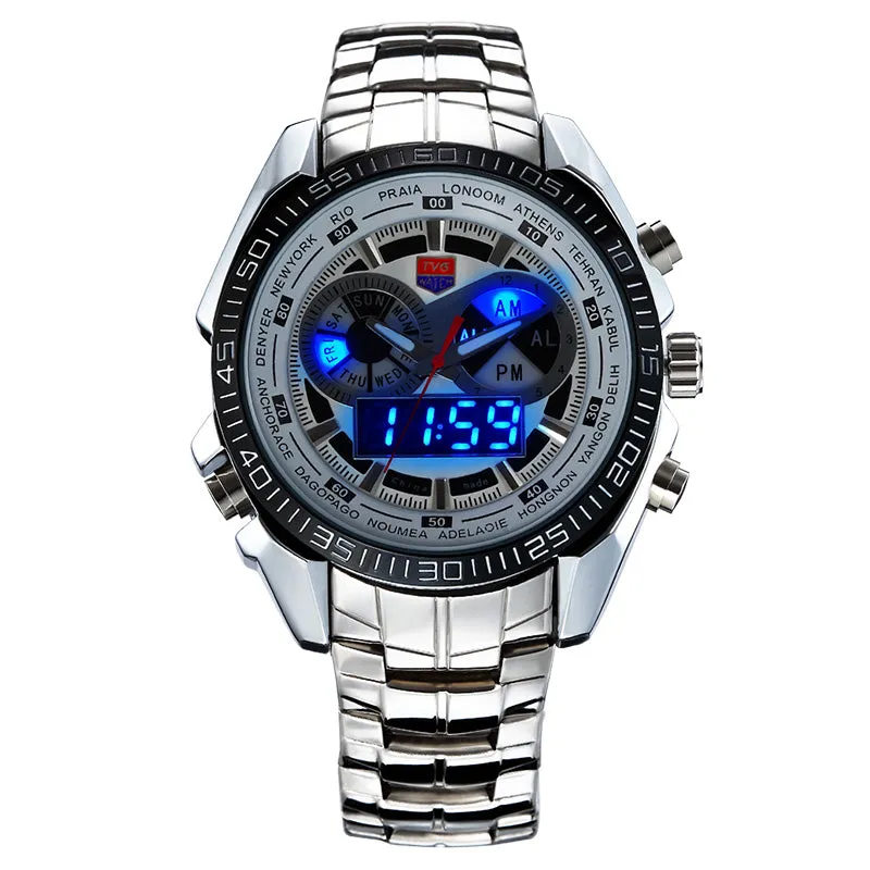 HOT Brand TVG Stainless Steel Black Men's Clock Fashion Blue Binary LED Pointer Mens 5ATM Waterproof Watches free shipping