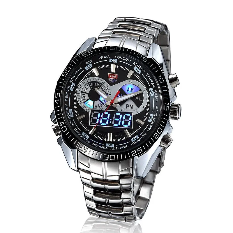 HOT Brand TVG Stainless Steel Black Men's Clock Fashion Blue Binary LED Pointer Mens 5ATM Waterproof Watches free shipping