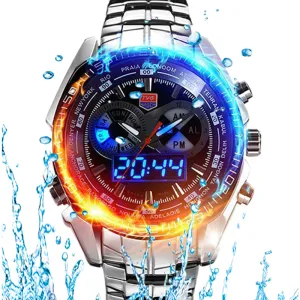 HOT Brand TVG Stainless Steel Black Men's Clock Fashion Blue Binary LED Pointer Mens 5ATM Waterproof Watches free shipping