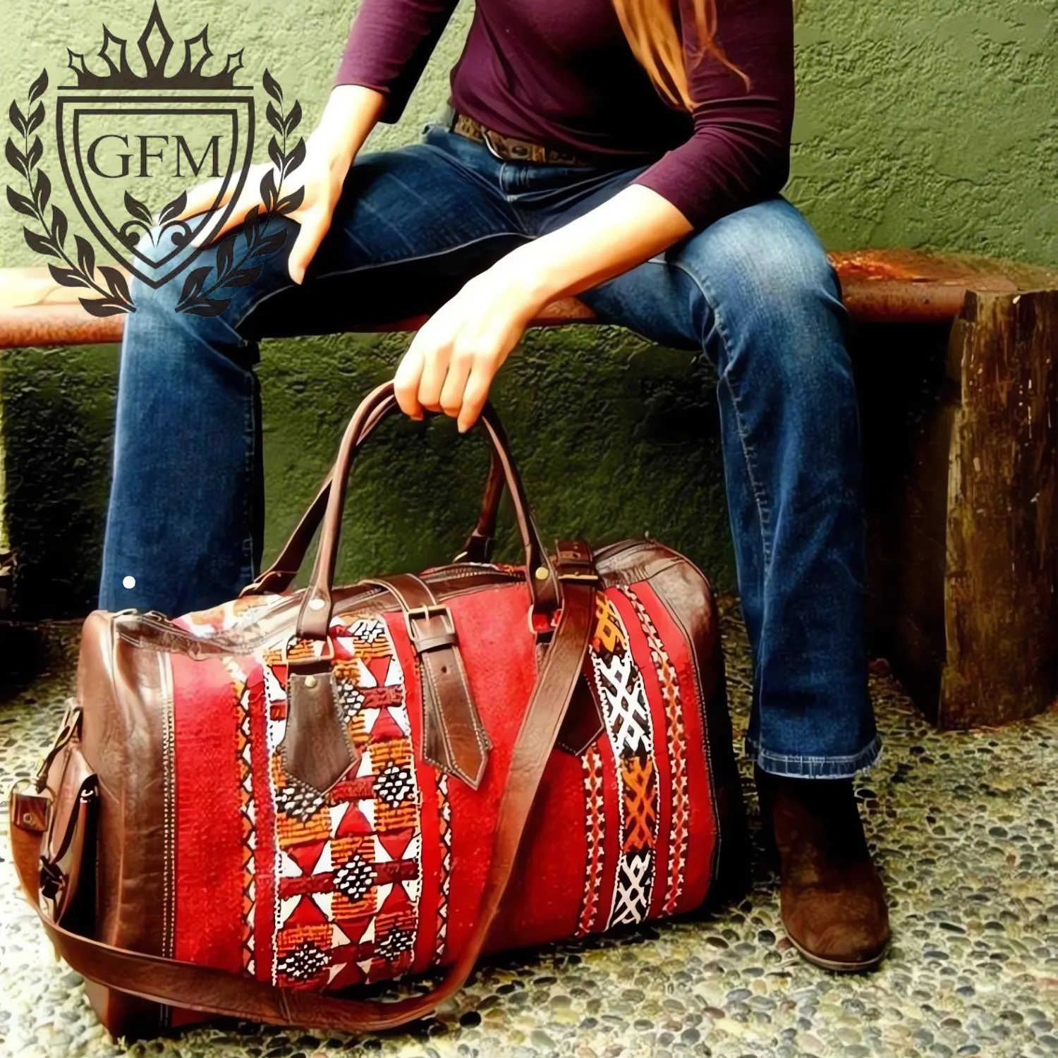 Kilim Rug Travel Bag – Handmade Moroccan Leather Weekender
