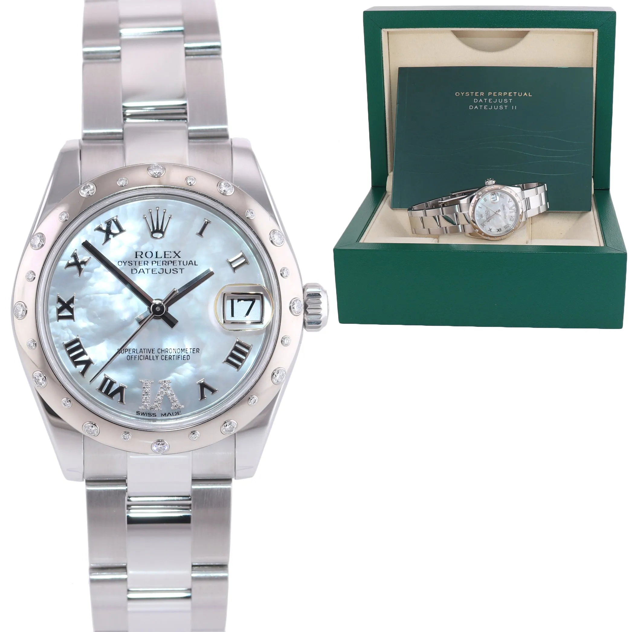 Ladies Rolex DateJust 31mm MOP Diamond Roman Oyster 178344 Steel Watch Box