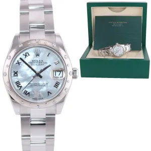 Ladies Rolex DateJust 31mm MOP Diamond Roman Oyster 178344 Steel Watch Box