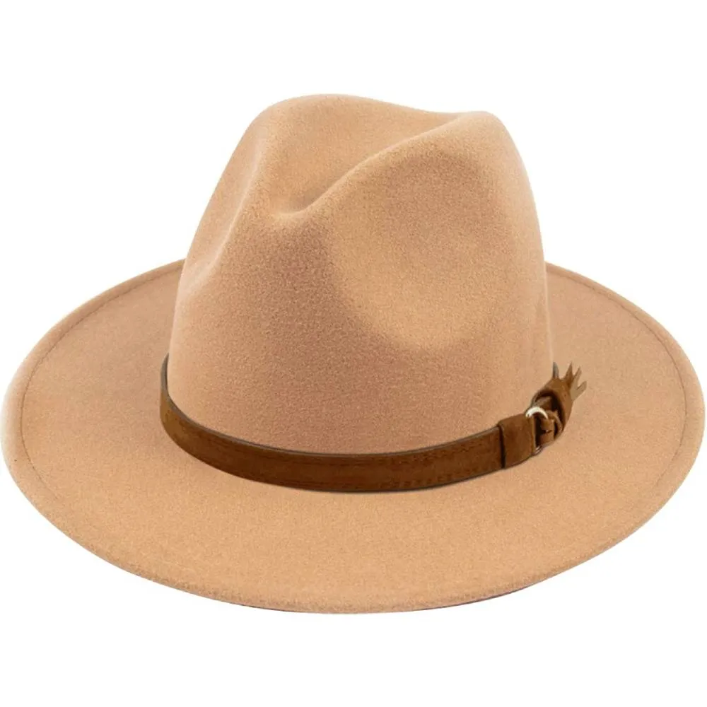 Lanzom Womens Classic Wide Brim Floppy Panama Hat Belt Buckle Wool Fedora Hat | Multiple Colors