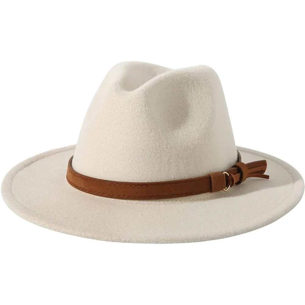 Lanzom Womens Classic Wide Brim Floppy Panama Hat Belt Buckle Wool Fedora Hat | Multiple Colors