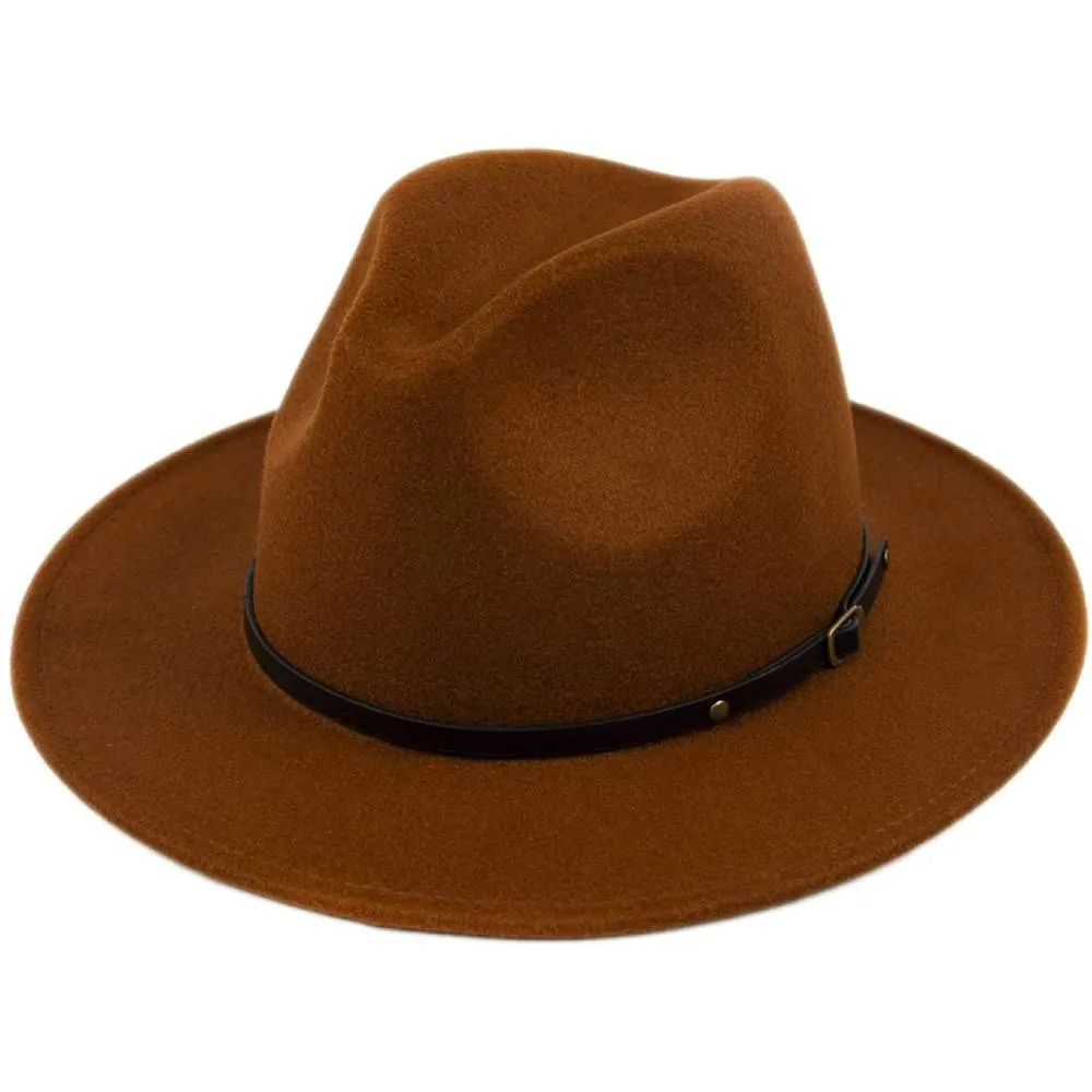 Lanzom Womens Classic Wide Brim Floppy Panama Hat Belt Buckle Wool Fedora Hat | Multiple Colors