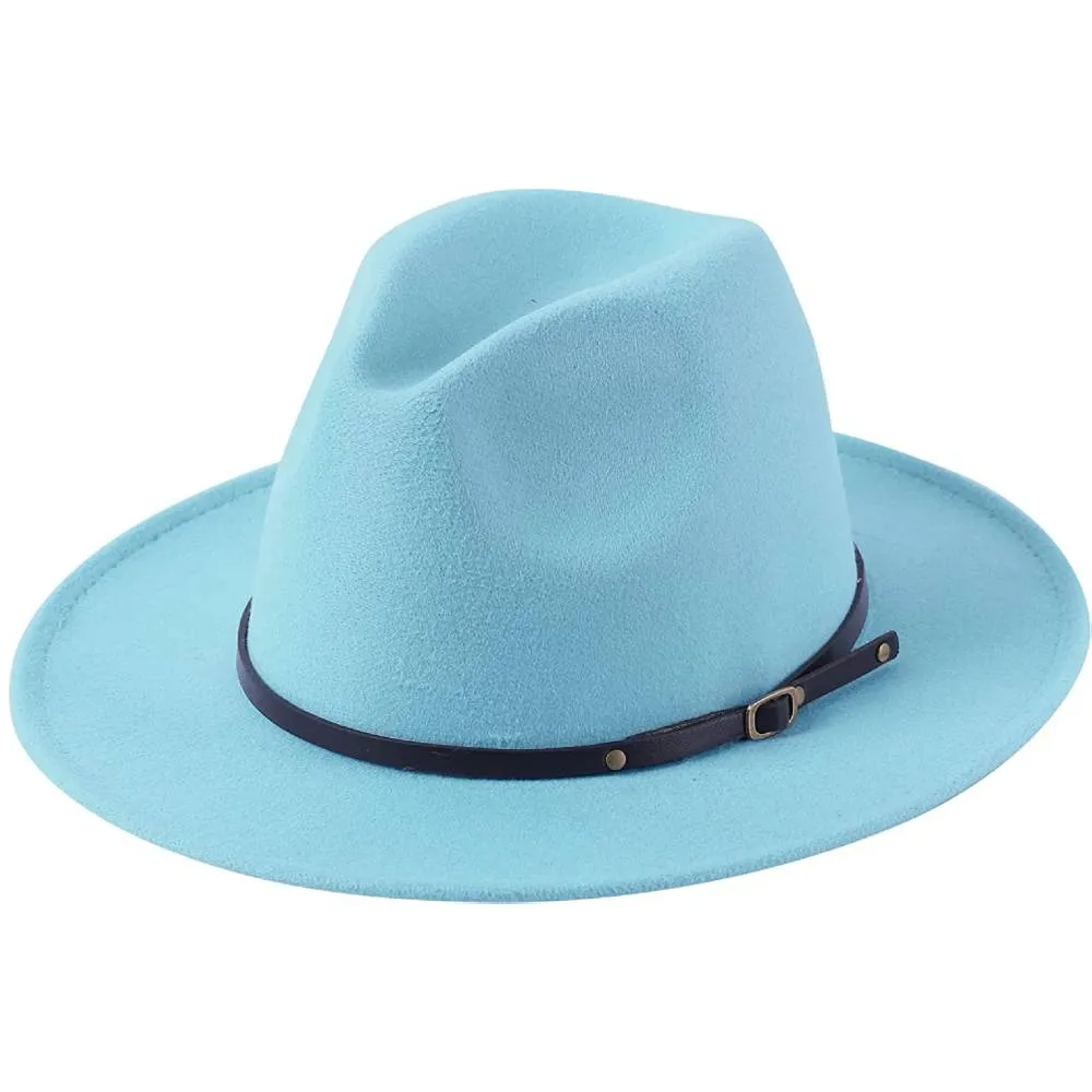 Lanzom Womens Classic Wide Brim Floppy Panama Hat Belt Buckle Wool Fedora Hat | Multiple Colors