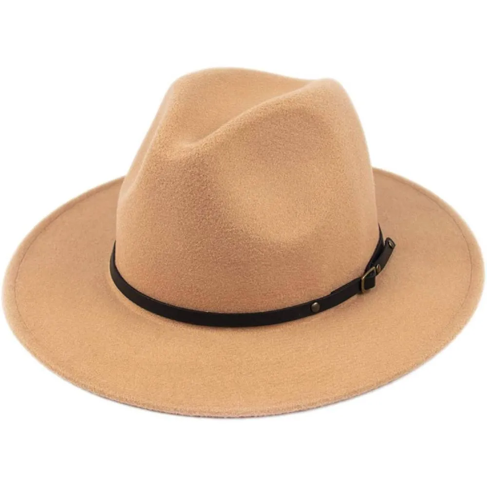 Lanzom Womens Classic Wide Brim Floppy Panama Hat Belt Buckle Wool Fedora Hat | Multiple Colors