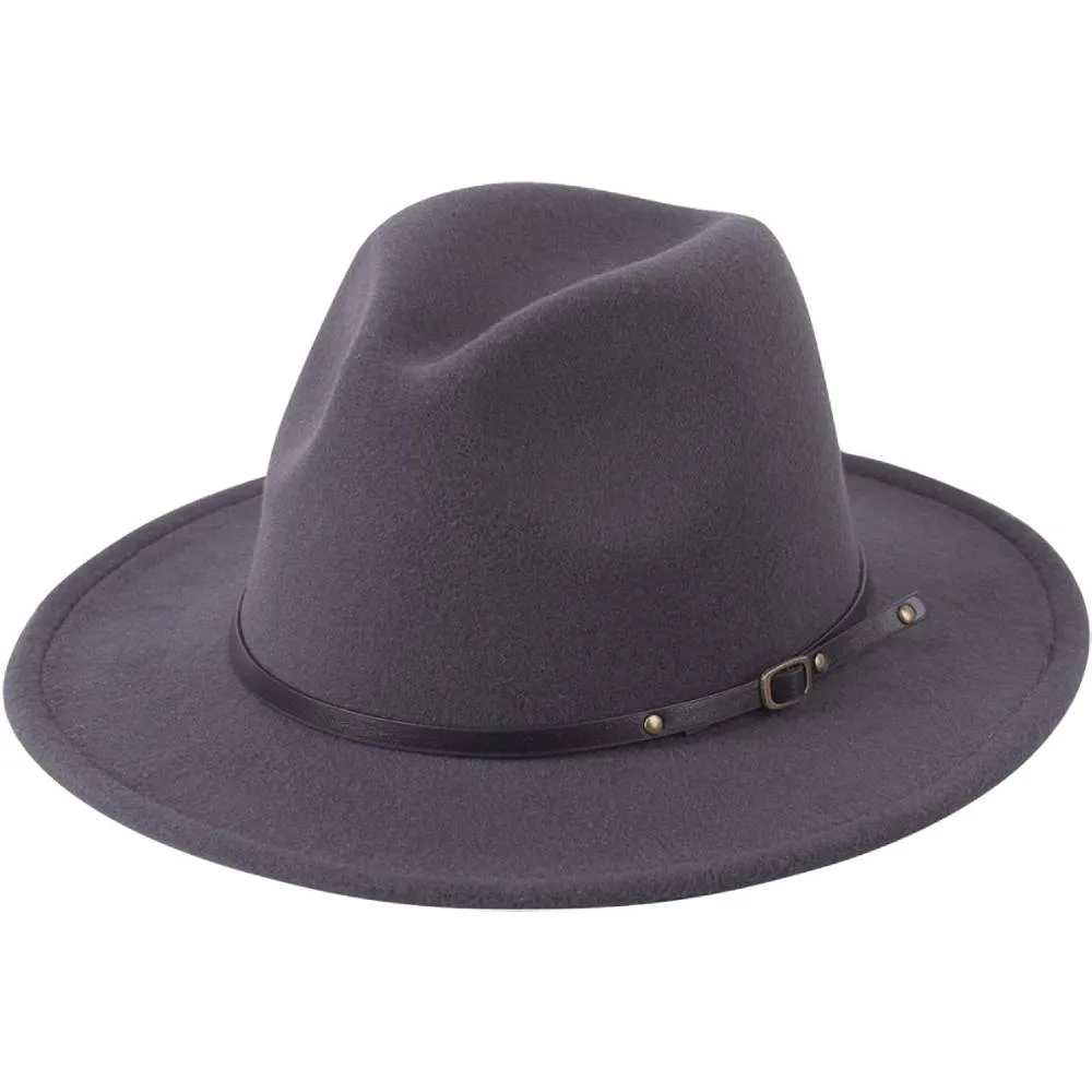Lanzom Womens Classic Wide Brim Floppy Panama Hat Belt Buckle Wool Fedora Hat | Multiple Colors