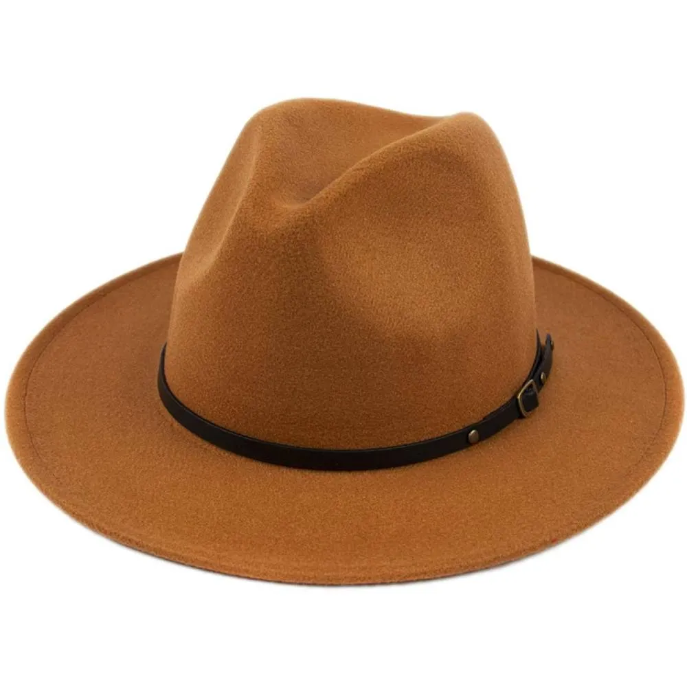Lanzom Womens Classic Wide Brim Floppy Panama Hat Belt Buckle Wool Fedora Hat | Multiple Colors