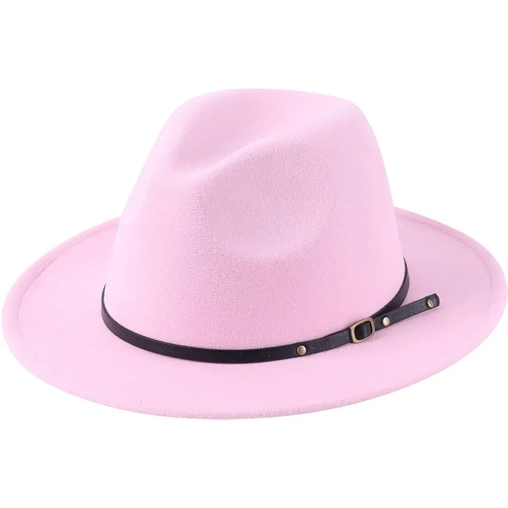 Lanzom Womens Classic Wide Brim Floppy Panama Hat Belt Buckle Wool Fedora Hat | Multiple Colors
