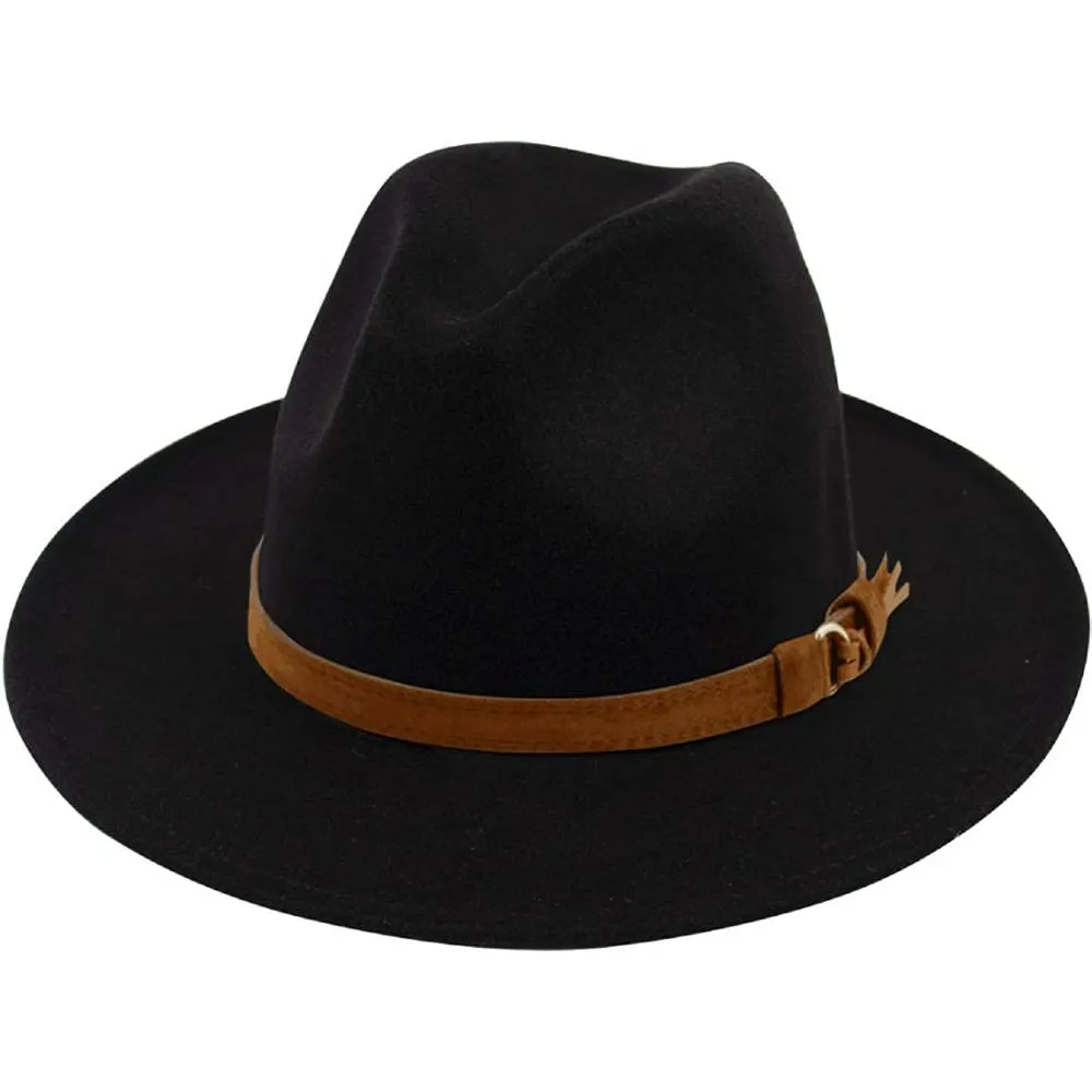 Lanzom Womens Classic Wide Brim Floppy Panama Hat Belt Buckle Wool Fedora Hat | Multiple Colors