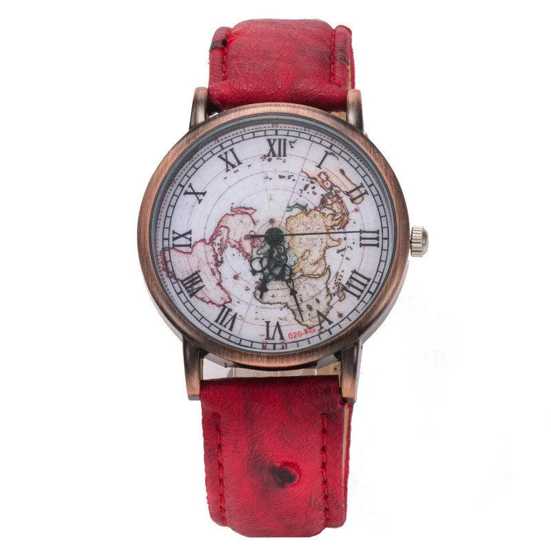 Leather Unisex World Map Quartz Watch