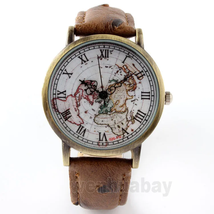 Leather Unisex World Map Quartz Watch