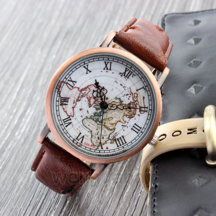 Leather Unisex World Map Quartz Watch