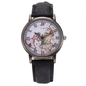 Leather Unisex World Map Quartz Watch