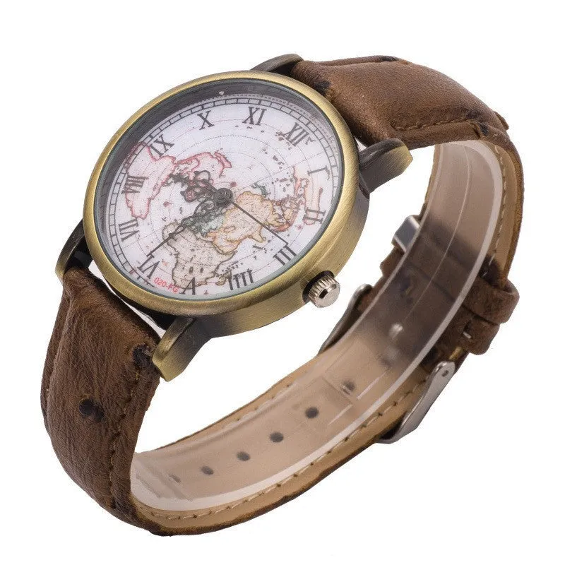 Leather Unisex World Map Quartz Watch