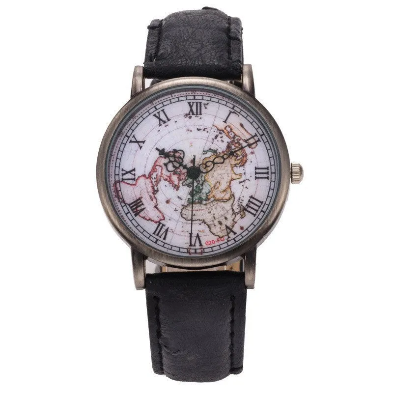 Leather Unisex World Map Quartz Watch