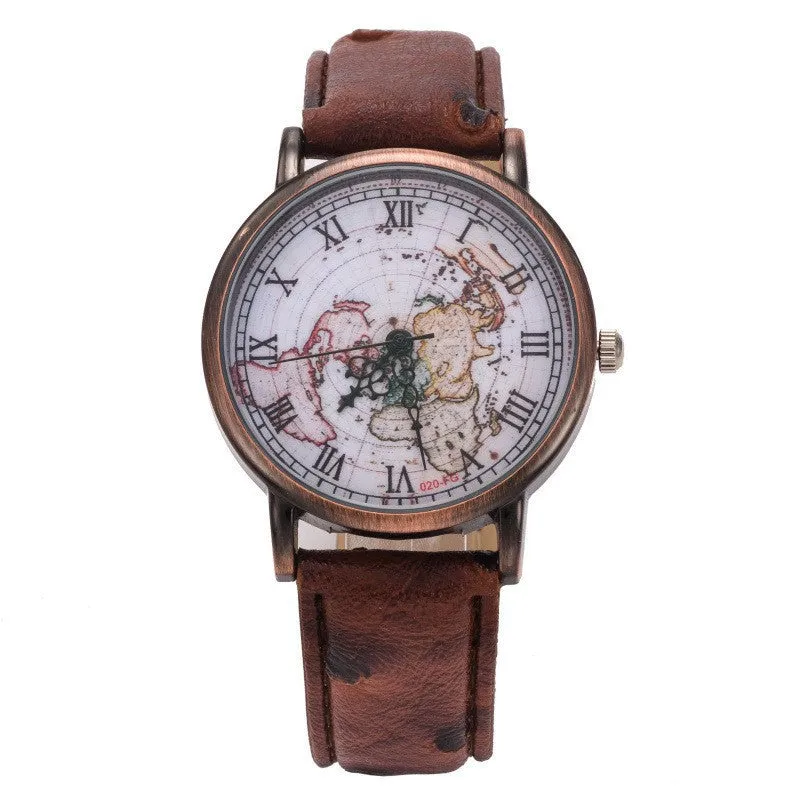 Leather Unisex World Map Quartz Watch