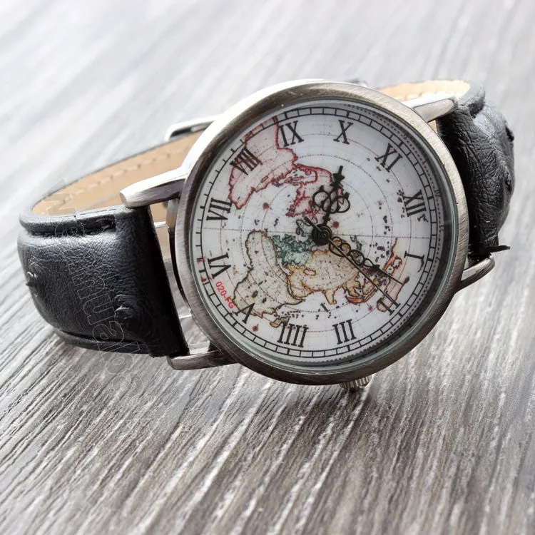 Leather Unisex World Map Quartz Watch