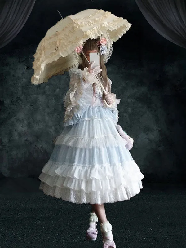 Lolita OP Dress 4-Piece Set Baby Blue Ruffles Long Sleeve Lolita One Piece Dresses
