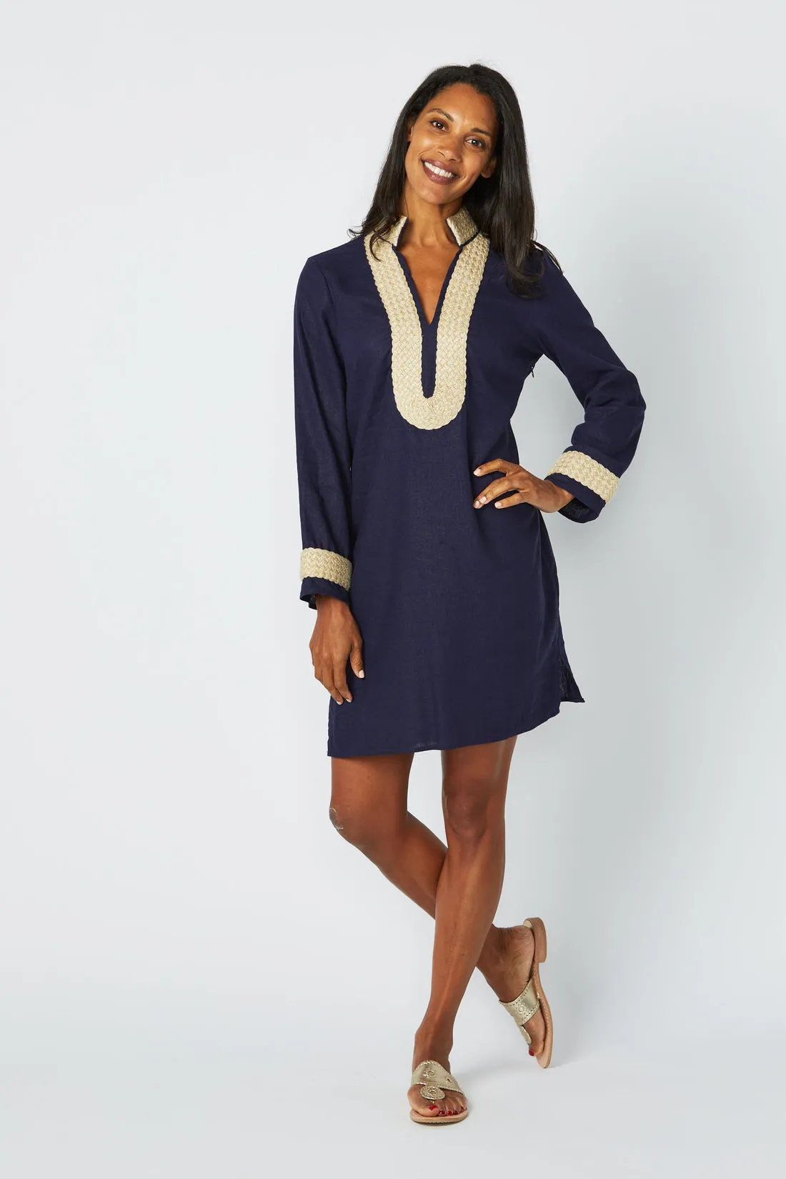 Long Sleeve Classic Tunic, Navy with Metallic Rope Trim
