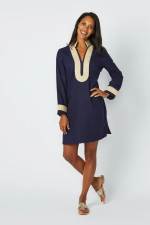 Long Sleeve Classic Tunic, Navy with Metallic Rope Trim