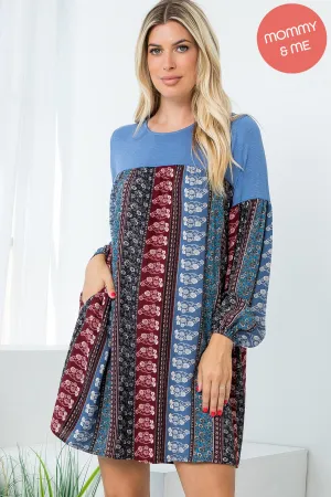 Long Sleeve Floral Crepe Contrast Tunic Dress