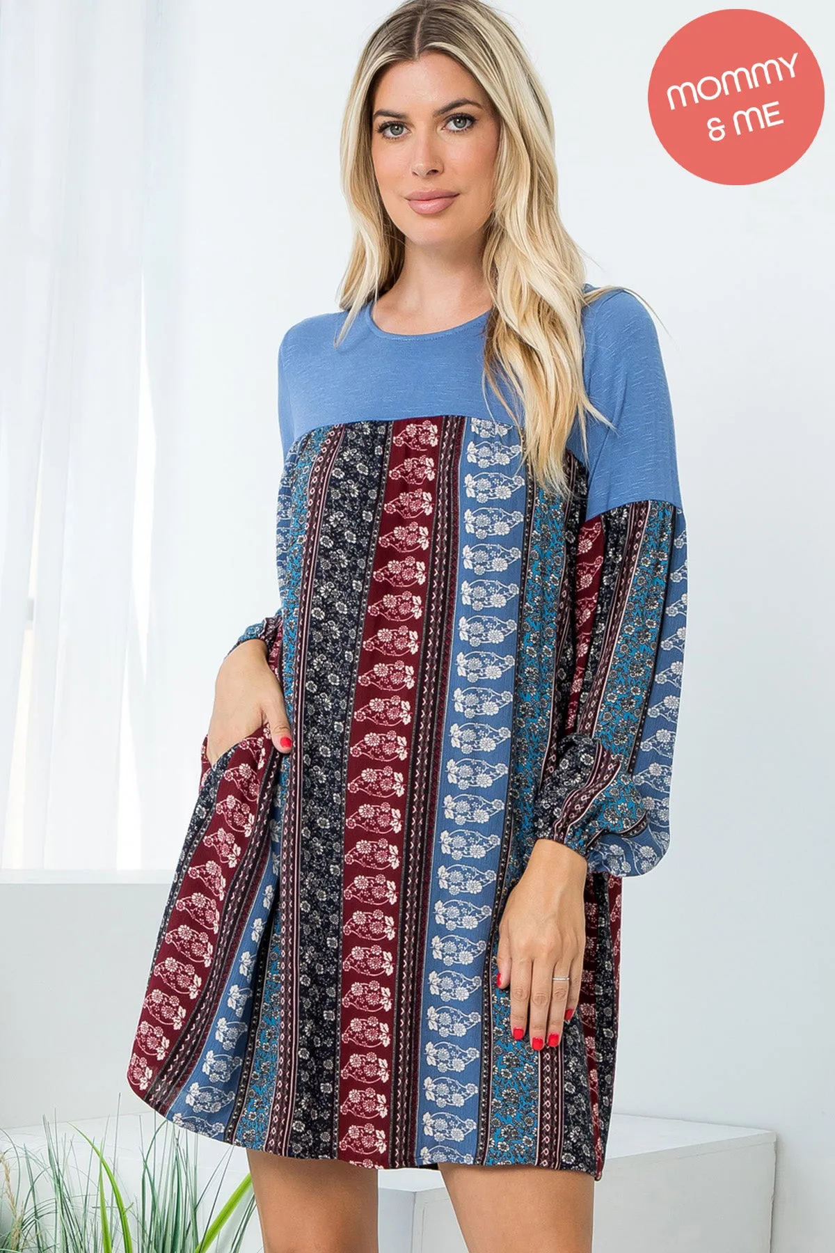 Long Sleeve Floral Crepe Contrast Tunic Dress