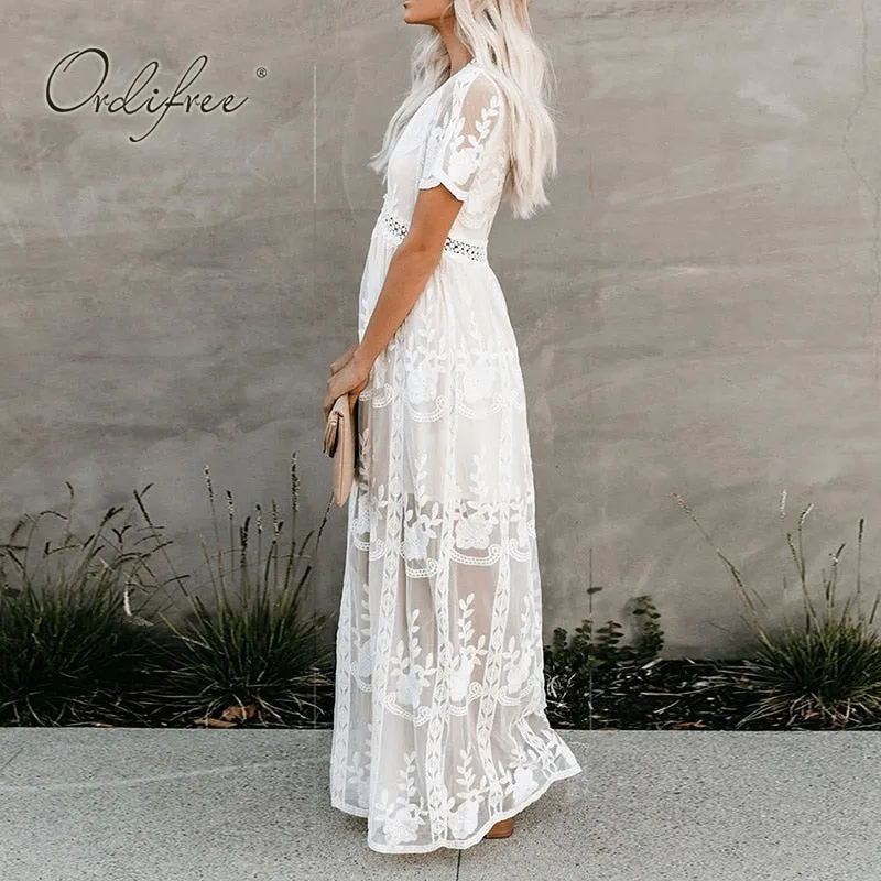 Loose Embroidery White Lace Long Tunic Beach Dress Maxi