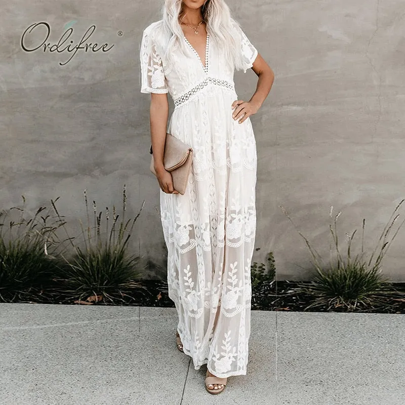 Loose Embroidery White Lace Long Tunic Beach Dress Maxi