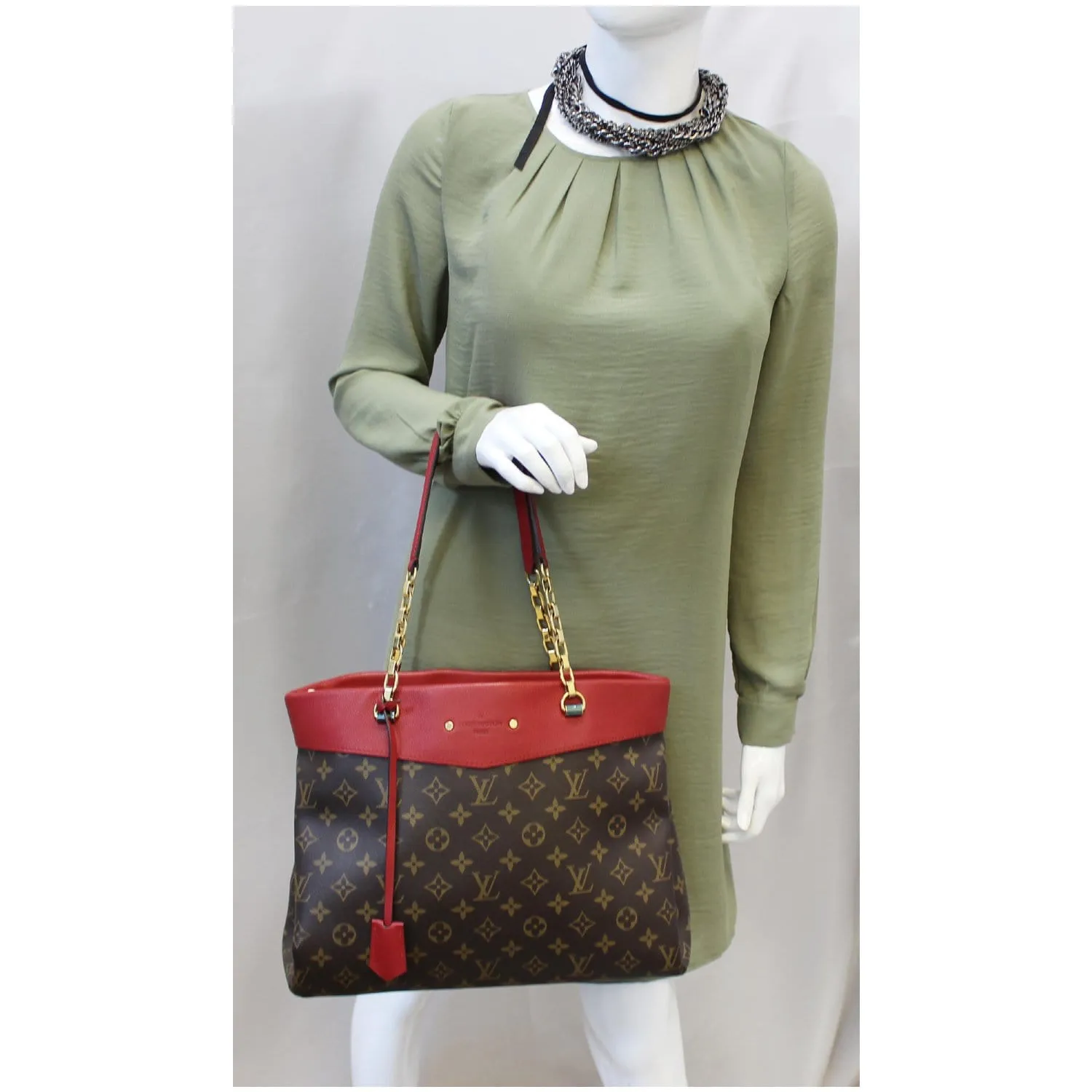 LOUIS VUITTON Pallas Chain Monogram Canvas Shopper Bag Brown