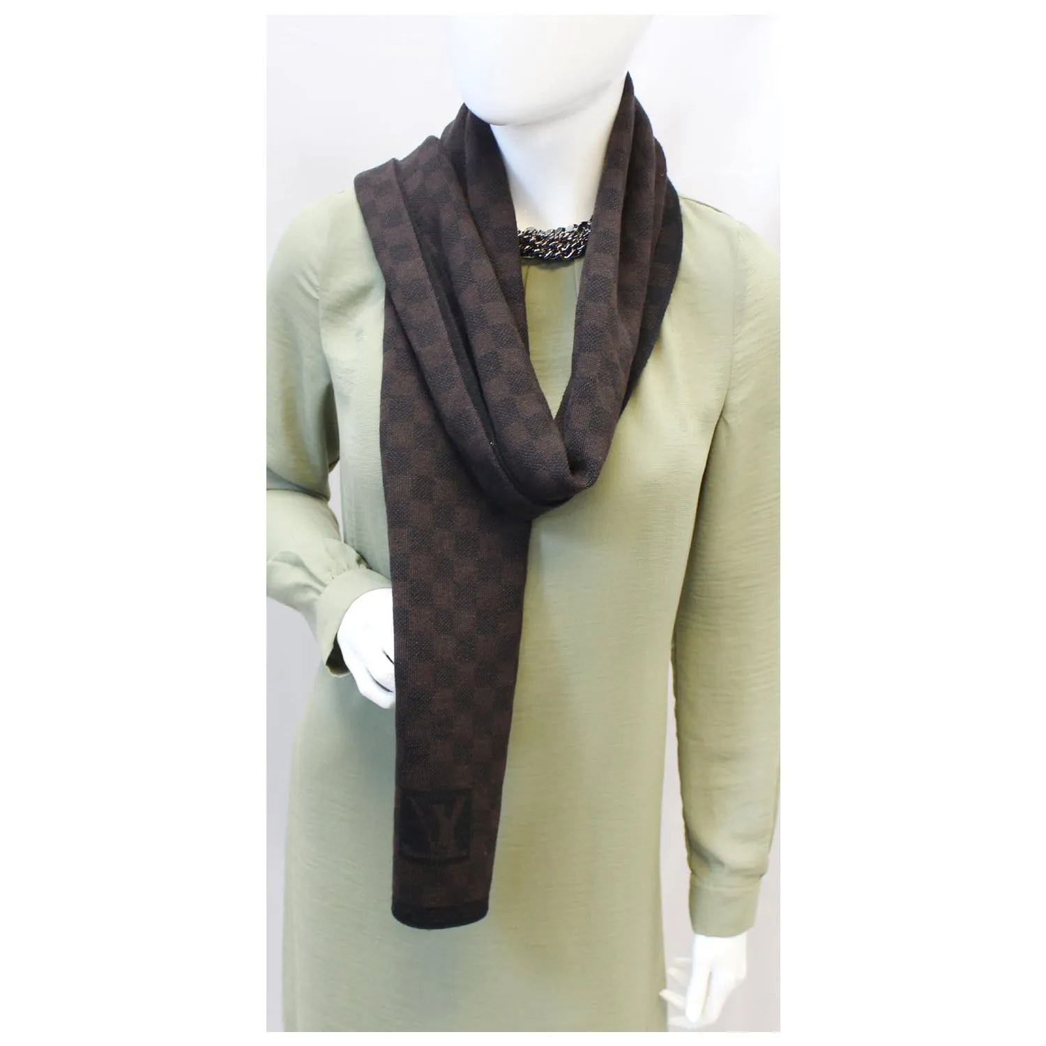 LOUIS VUITTON Wool Petit Damier Stole Scarf Brown