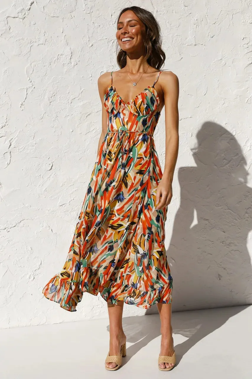 Luftiges Midikleid mit Muster und Taillenband