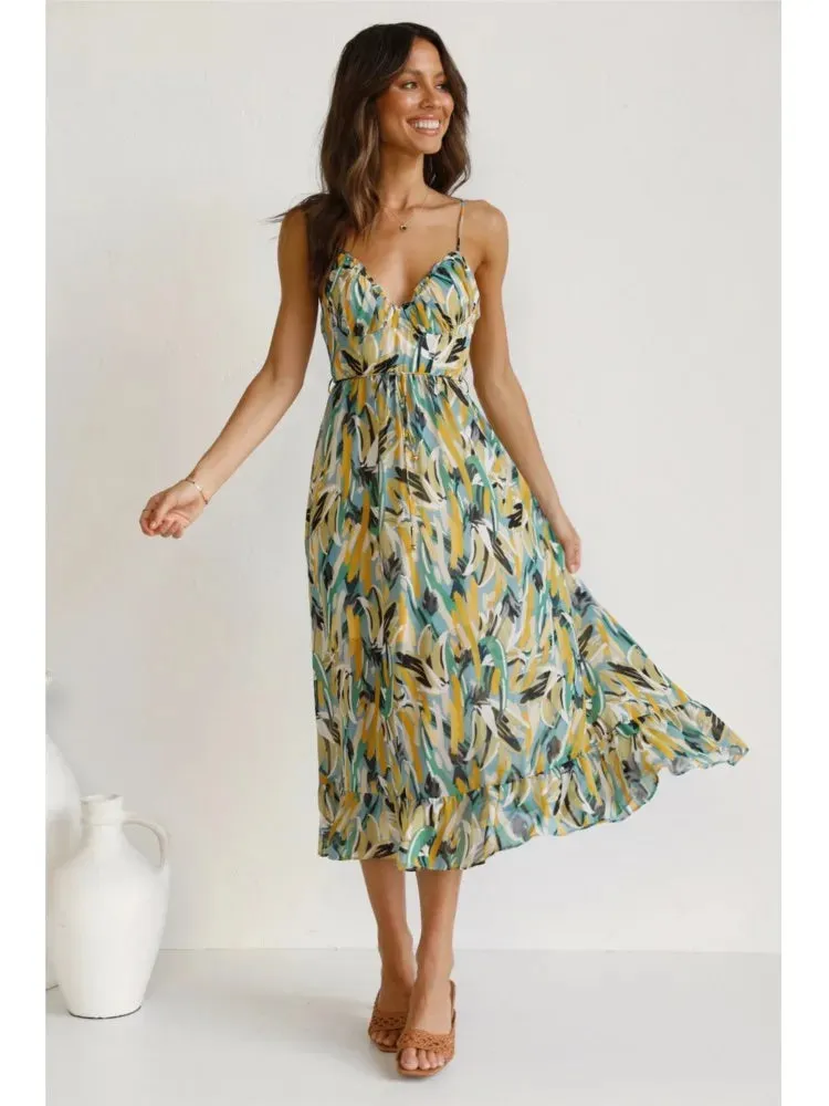Luftiges Midikleid mit Muster und Taillenband