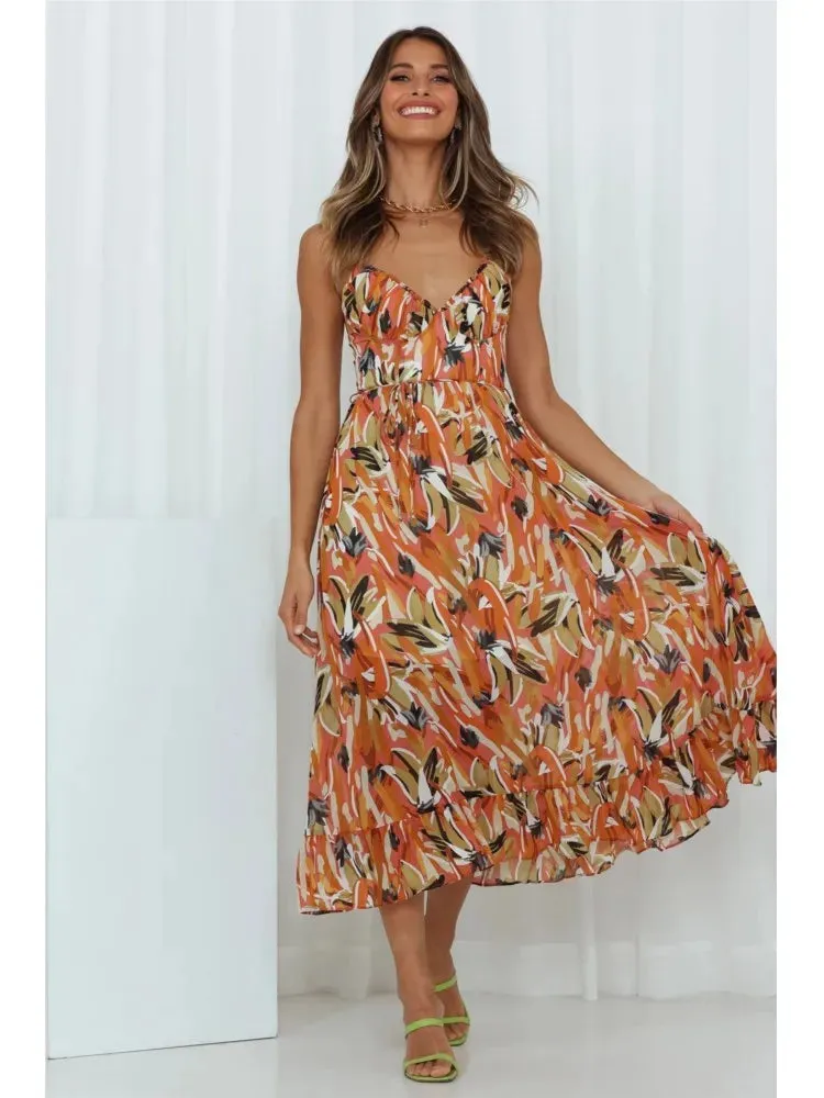 Luftiges Midikleid mit Muster und Taillenband