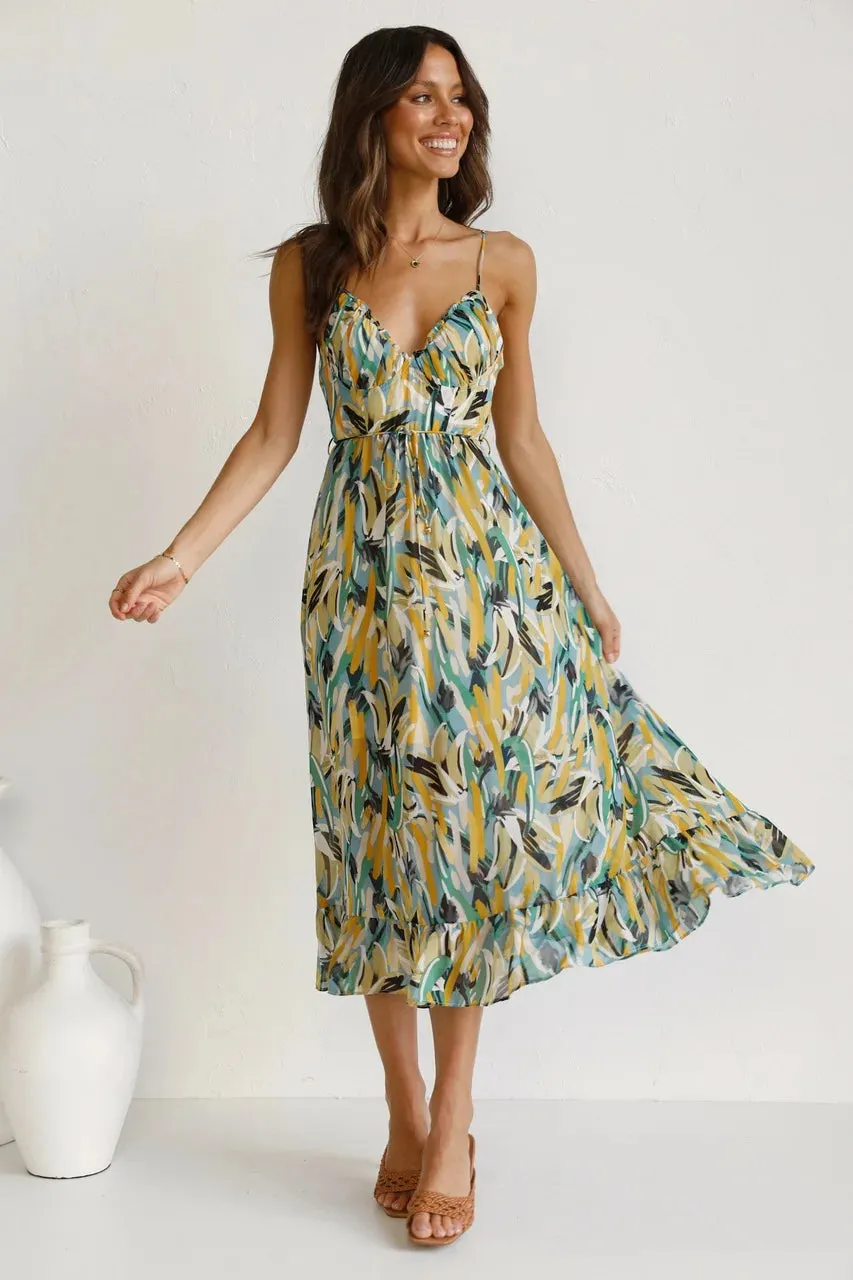 Luftiges Midikleid mit Muster und Taillenband