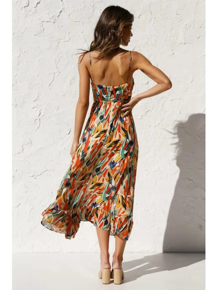 Luftiges Midikleid mit Muster und Taillenband