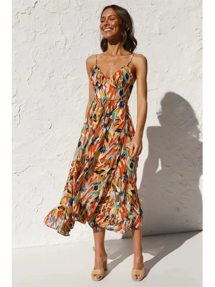 Luftiges Midikleid mit Muster und Taillenband