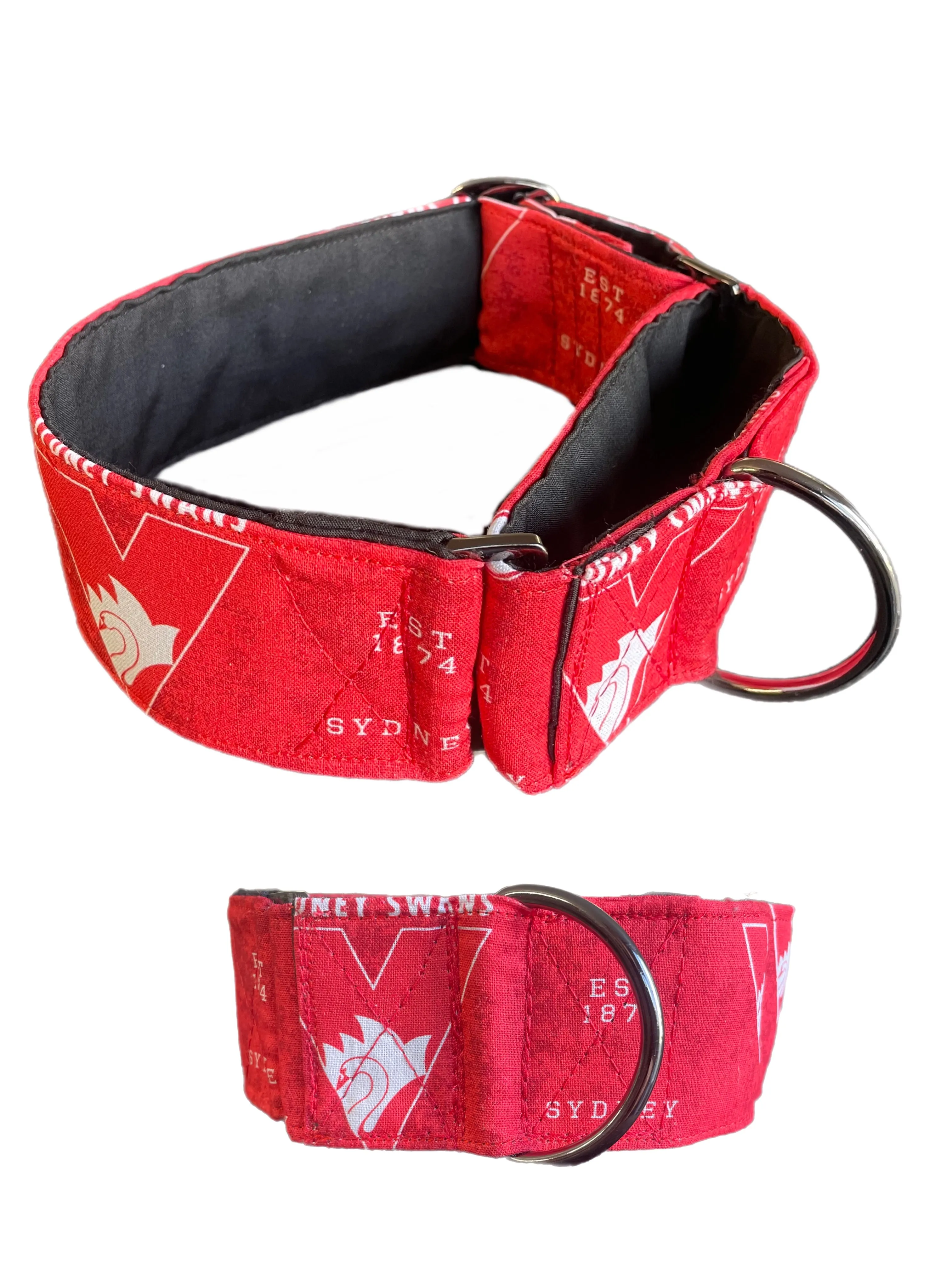 Martingale collar greyhound collar AFL Sydney Swans footy cotton fabric