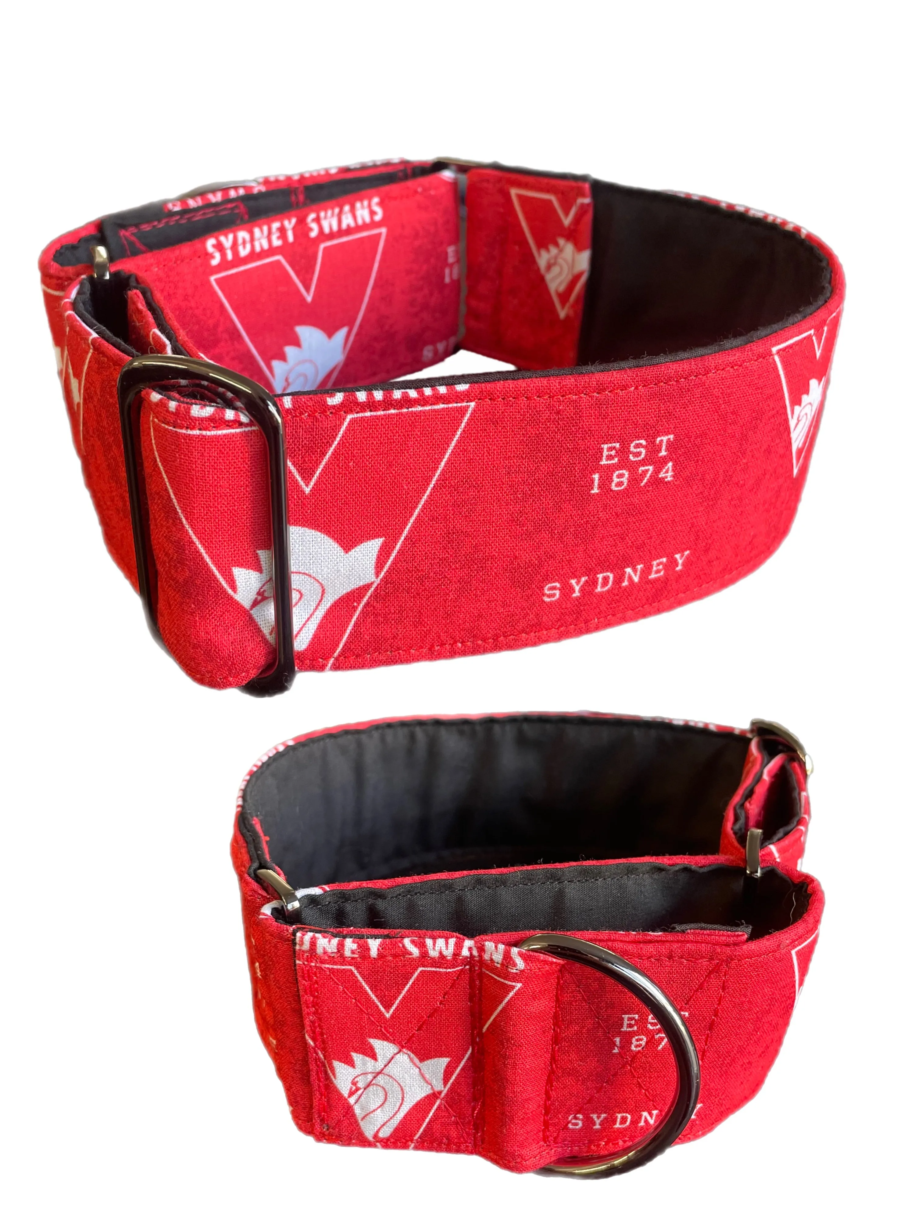 Martingale collar greyhound collar AFL Sydney Swans footy cotton fabric
