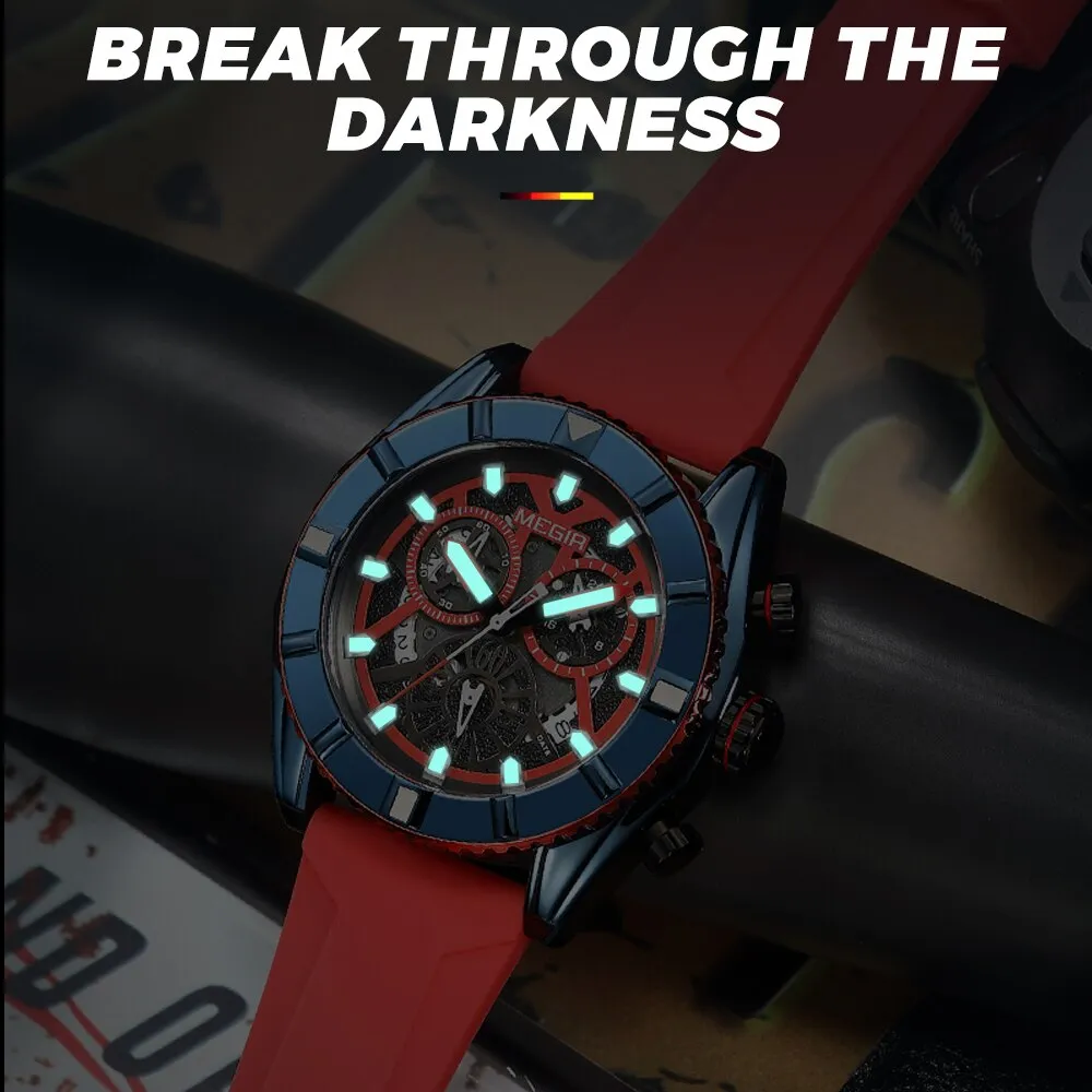 MEGIR Chronograph Quartz Watch Men Subdial Hands ArmyGreen Silicone Sport Watches For Men&#39;s Military Waterproof Luminous Clock