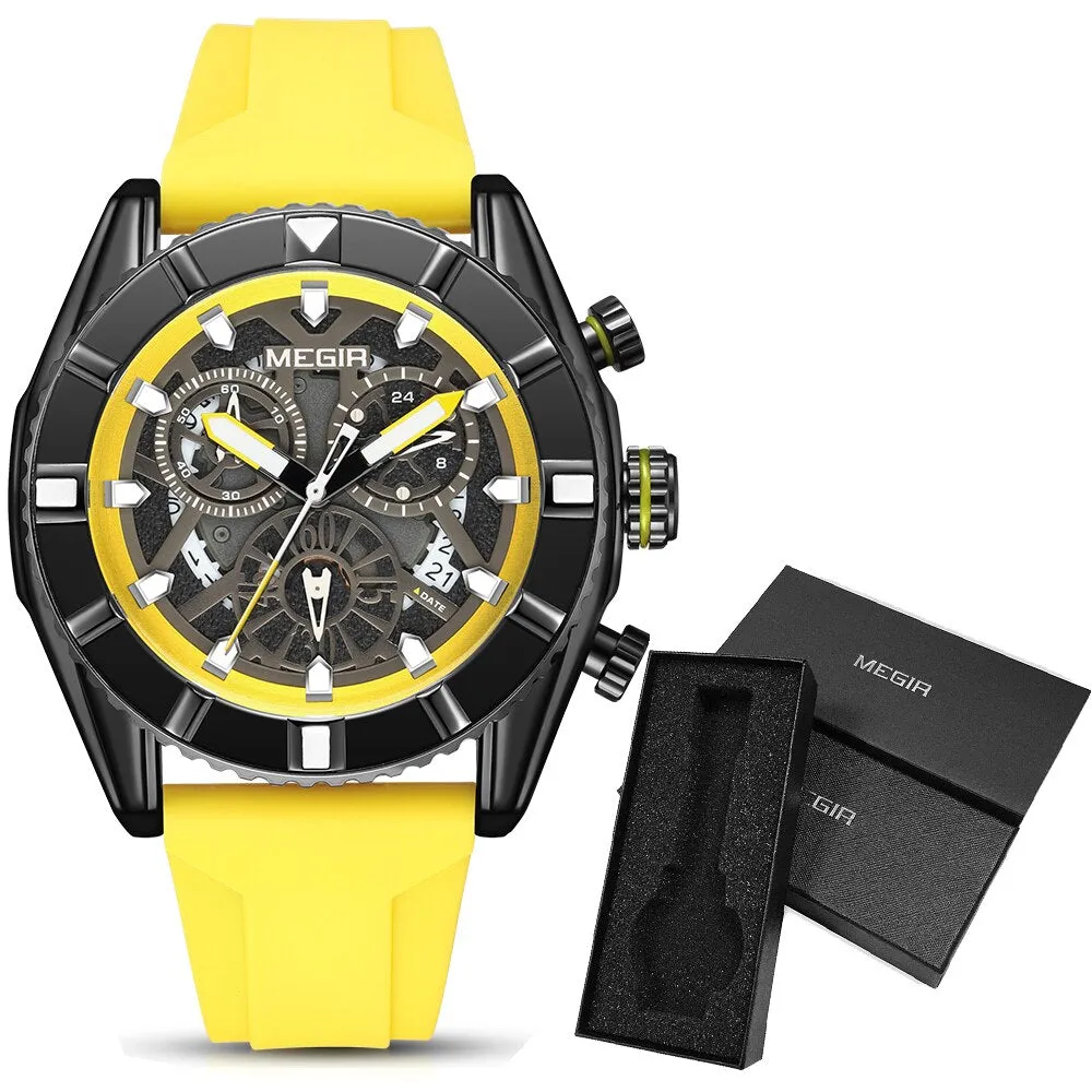 MEGIR Chronograph Quartz Watch Men Subdial Hands ArmyGreen Silicone Sport Watches For Men&#39;s Military Waterproof Luminous Clock