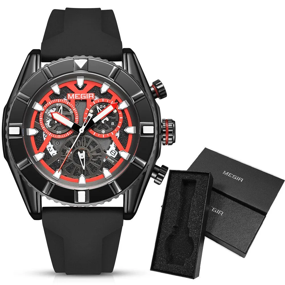MEGIR Chronograph Quartz Watch Men Subdial Hands ArmyGreen Silicone Sport Watches For Men&#39;s Military Waterproof Luminous Clock