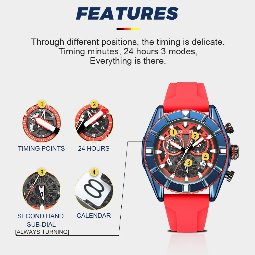 MEGIR Chronograph Quartz Watch Men Subdial Hands ArmyGreen Silicone Sport Watches For Men&#39;s Military Waterproof Luminous Clock