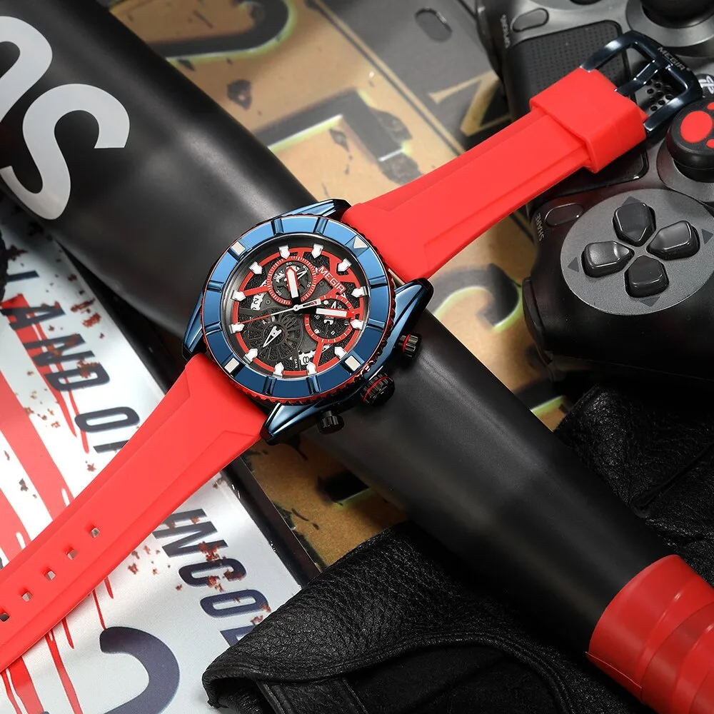 MEGIR Chronograph Quartz Watch Men Subdial Hands ArmyGreen Silicone Sport Watches For Men&#39;s Military Waterproof Luminous Clock