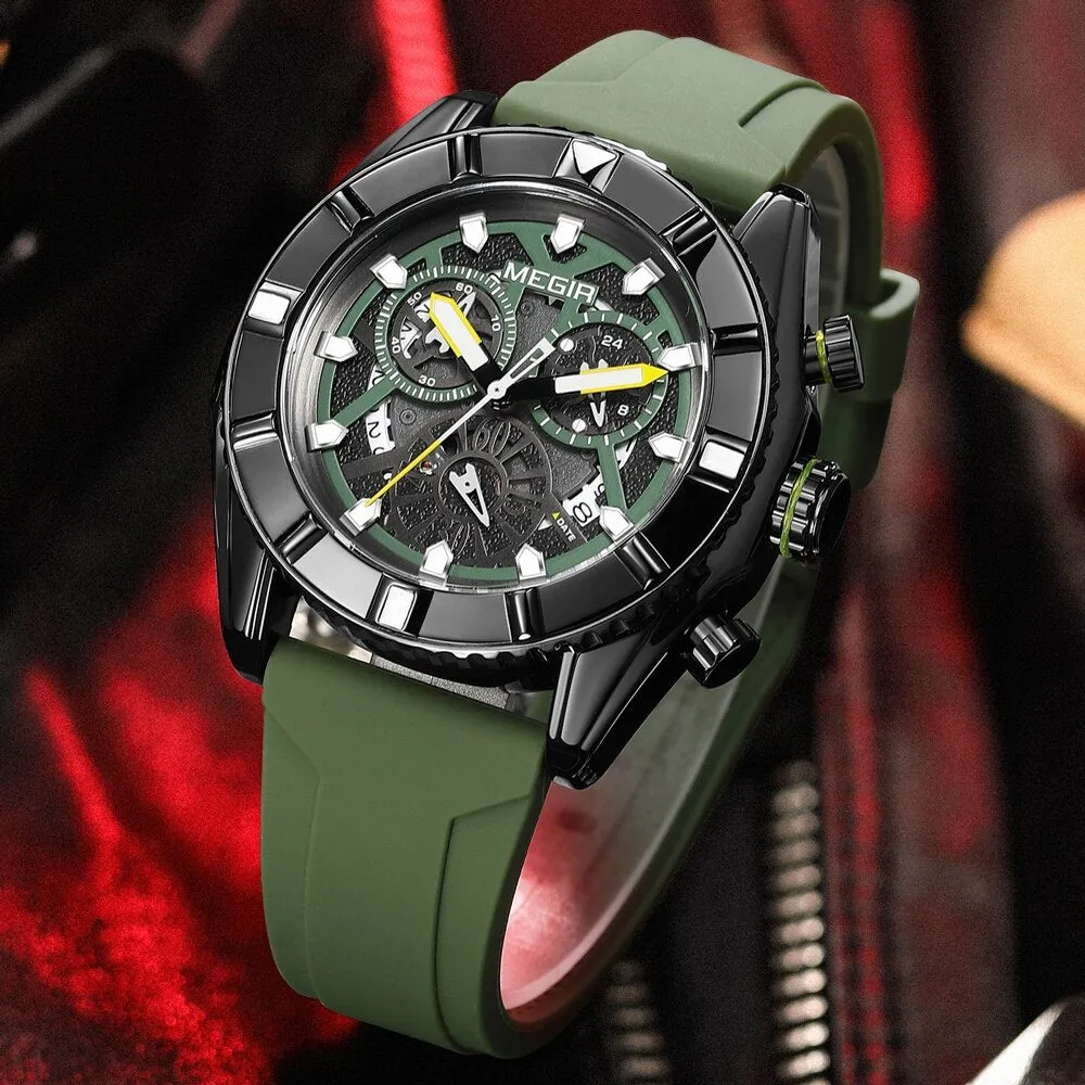 MEGIR Chronograph Quartz Watch Men Subdial Hands ArmyGreen Silicone Sport Watches For Men&#39;s Military Waterproof Luminous Clock