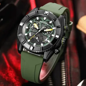 MEGIR Chronograph Quartz Watch Men Subdial Hands ArmyGreen Silicone Sport Watches For Men&#39;s Military Waterproof Luminous Clock